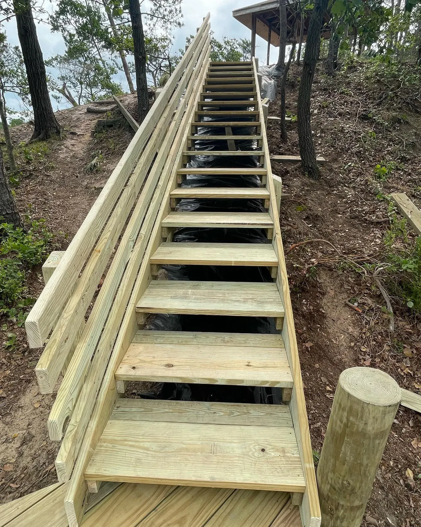 A long new wooden staircase with handrails running down a steep wooded bluff to the water